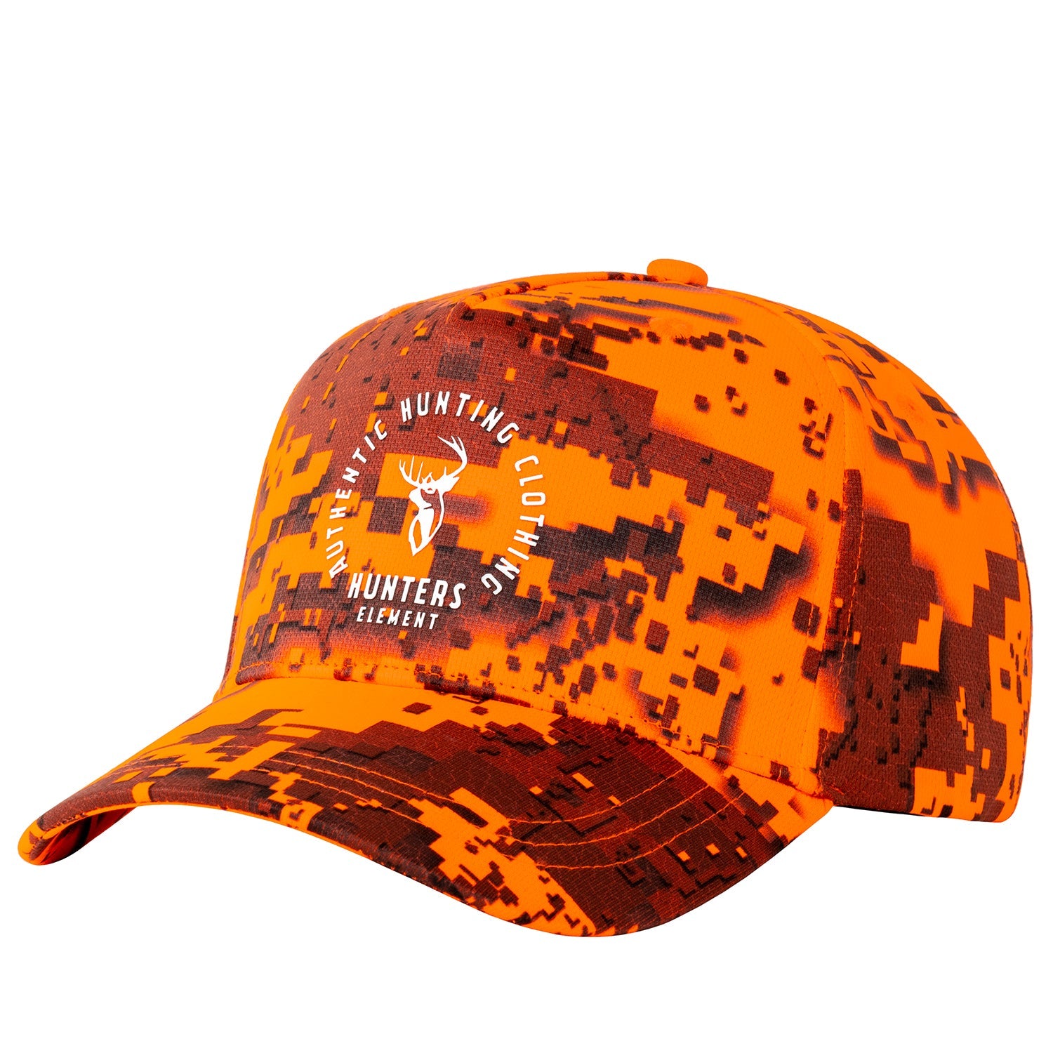 A camouflage cap with a curved peak and a logo on the front.
