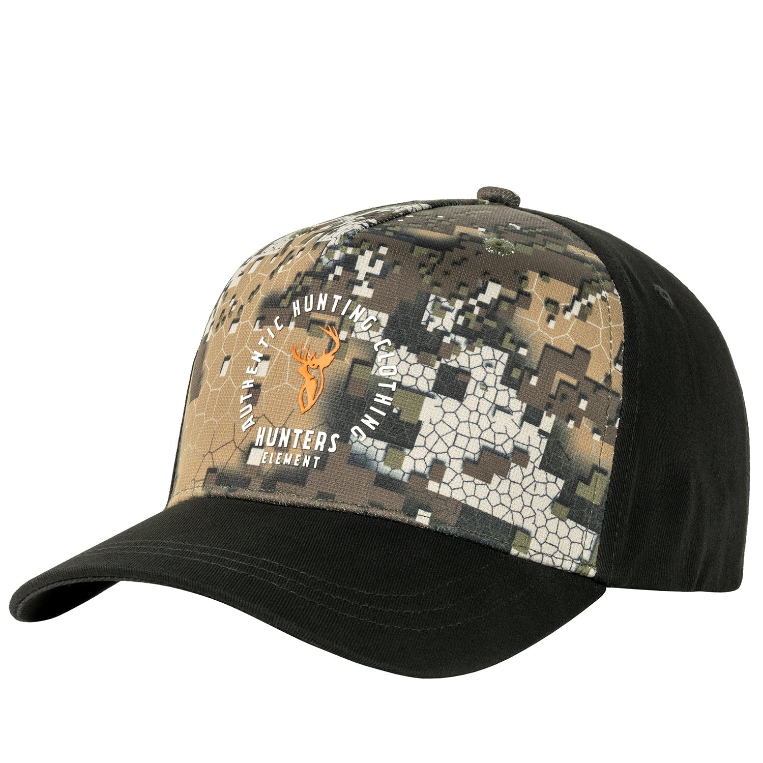 A camouflage cap with a curved peak and a logo on the front.