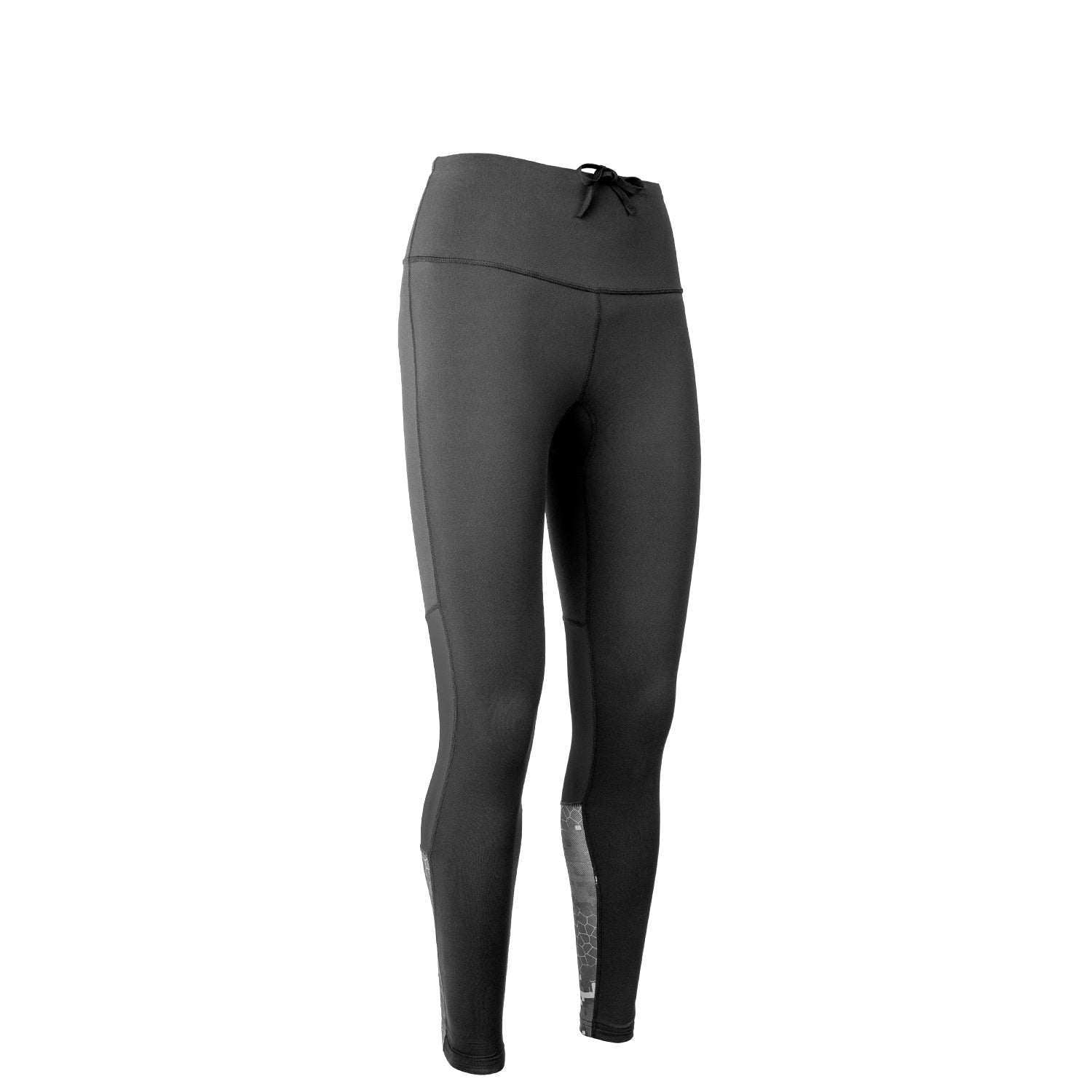 Black leggings with a drawstring waist on a white background, featuring the Desolve Flak brand.