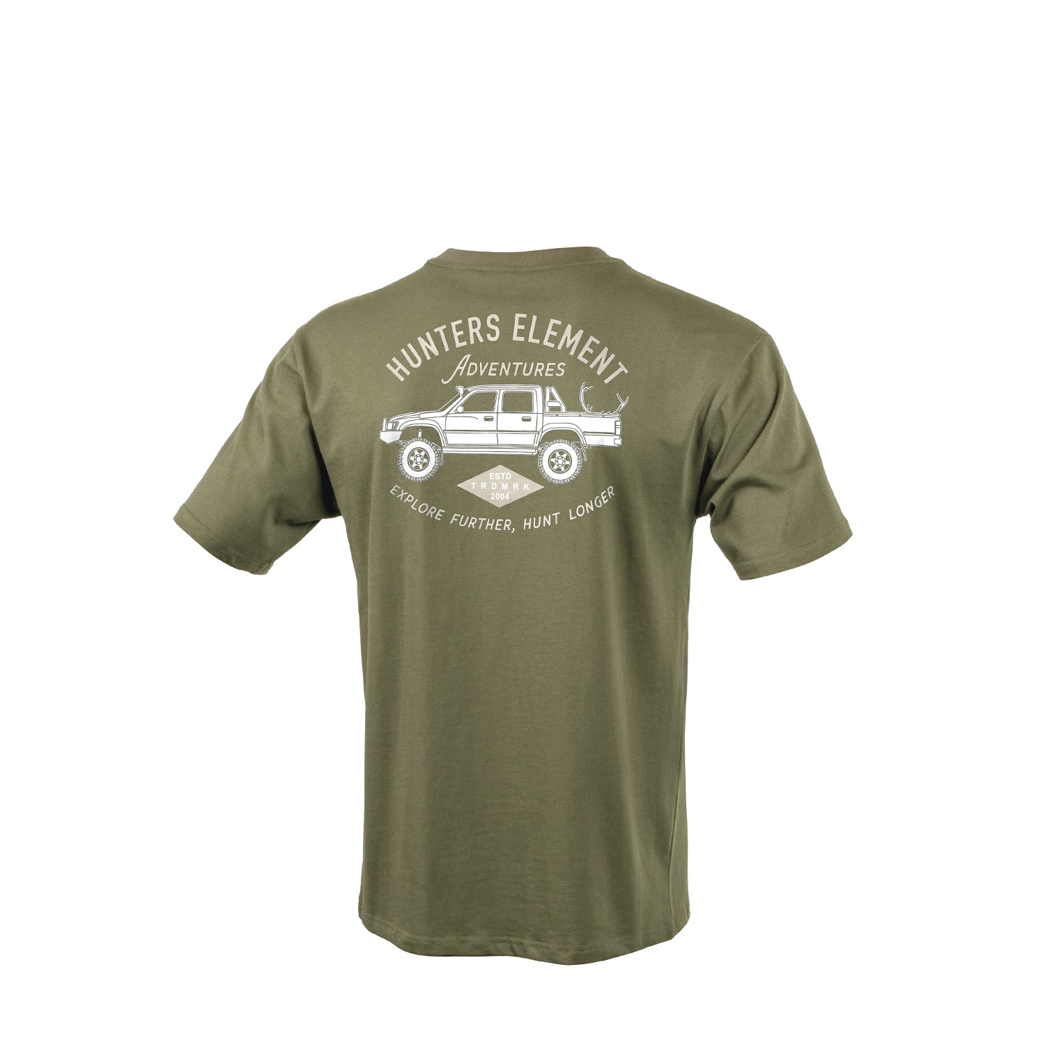 Green t-shirt with ' Hunters Element Adventures' graphic on a white background