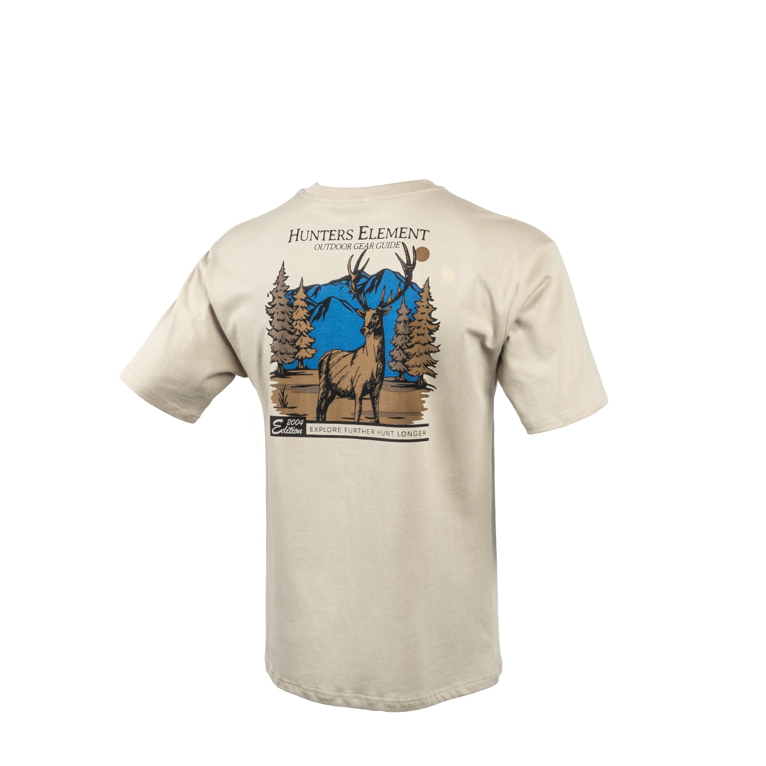 Beige t-shirt with a graphic of a deer and trees on a white background