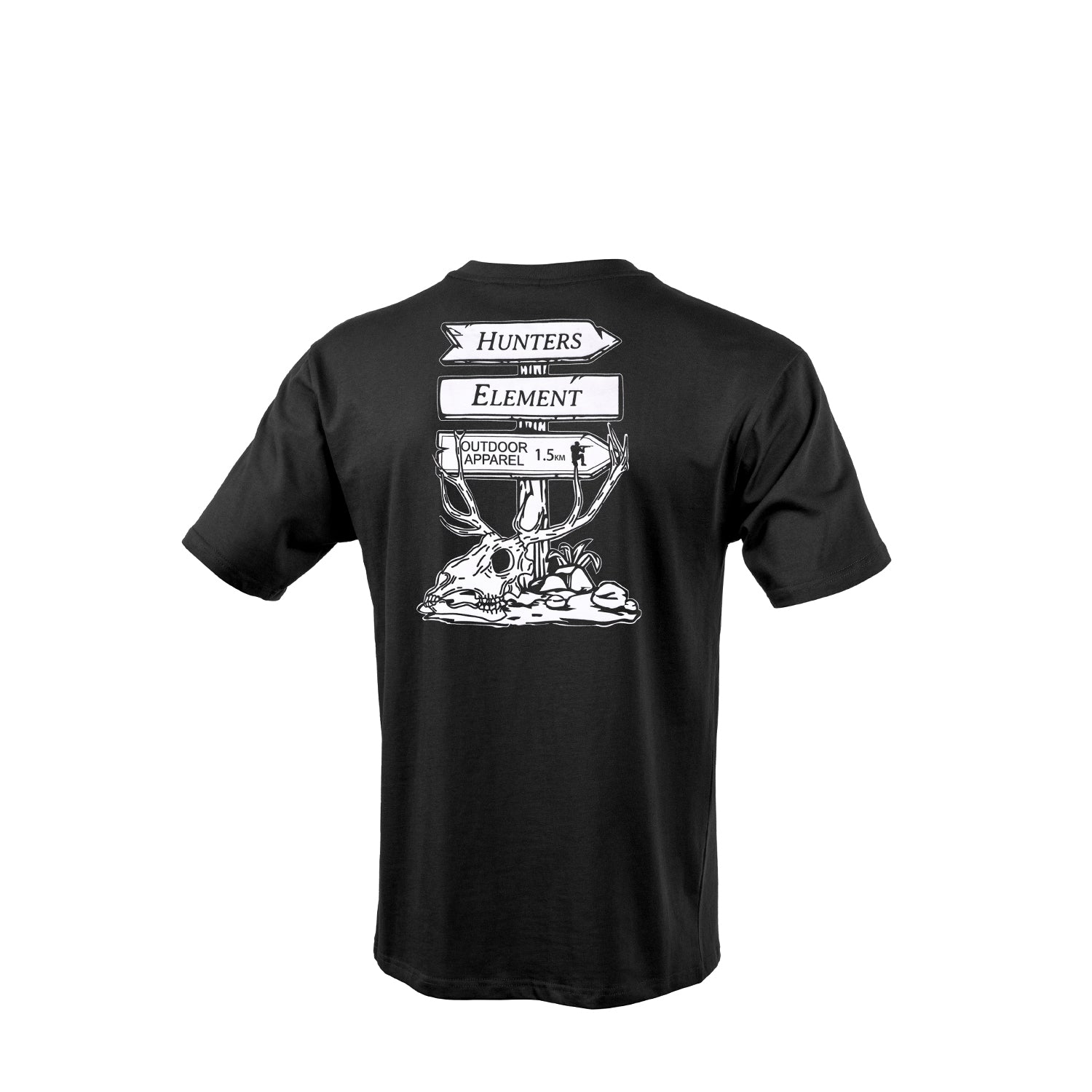 Black t-shirt with white graphic and text on a white background