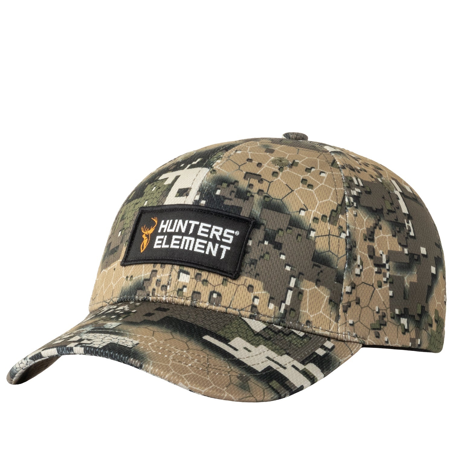 A camouflage cap with a logo patch on the front.