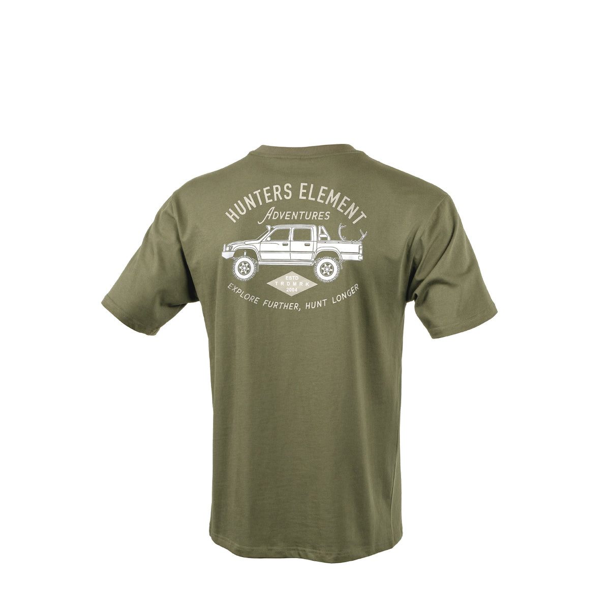 Green t-shirt with ' Hunters Element Adventures' graphic on a white background