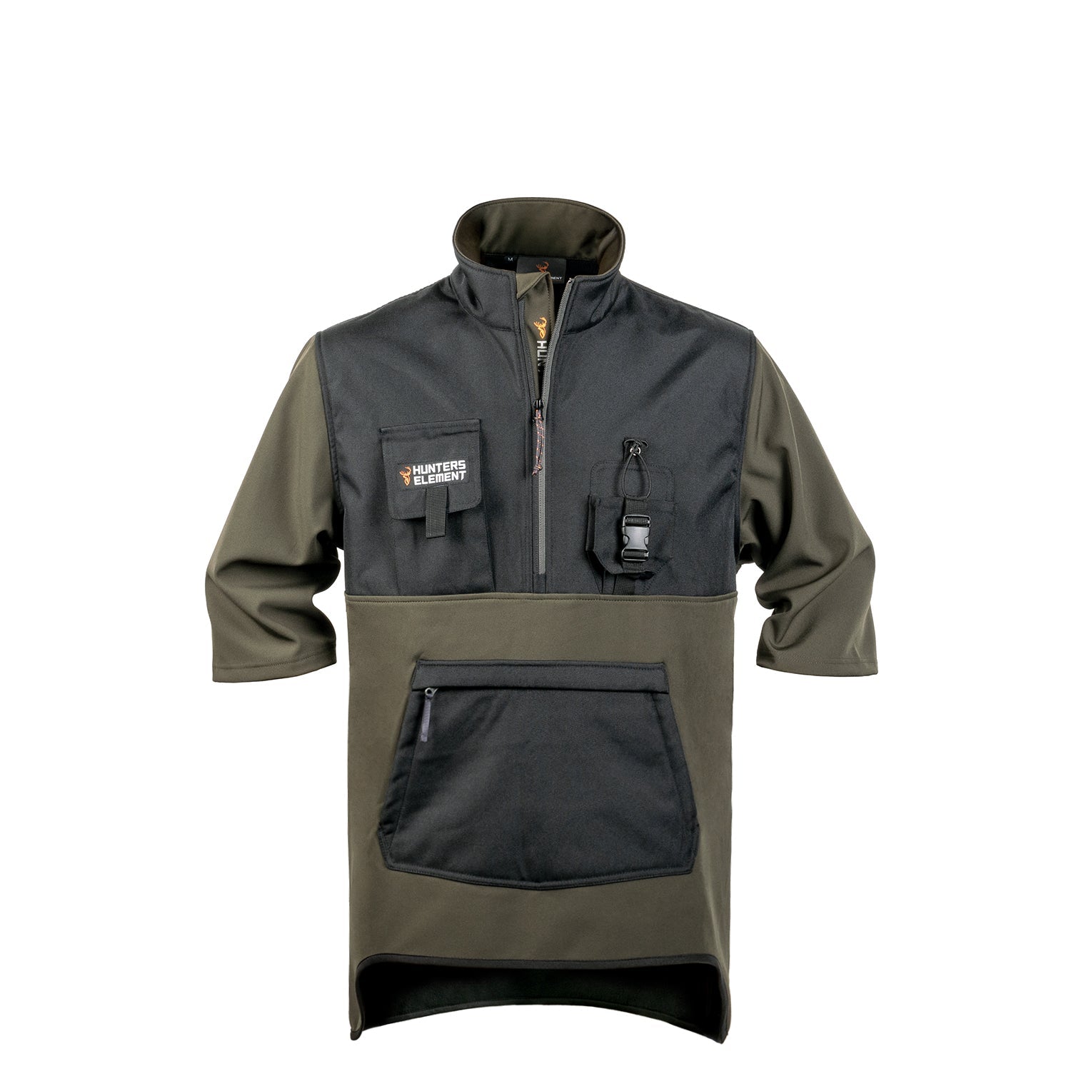 A green and black Rail Splitter Pro jacket with high collar, cutoff sleeves, multiple pockets, and made from recycled plastic bottles.