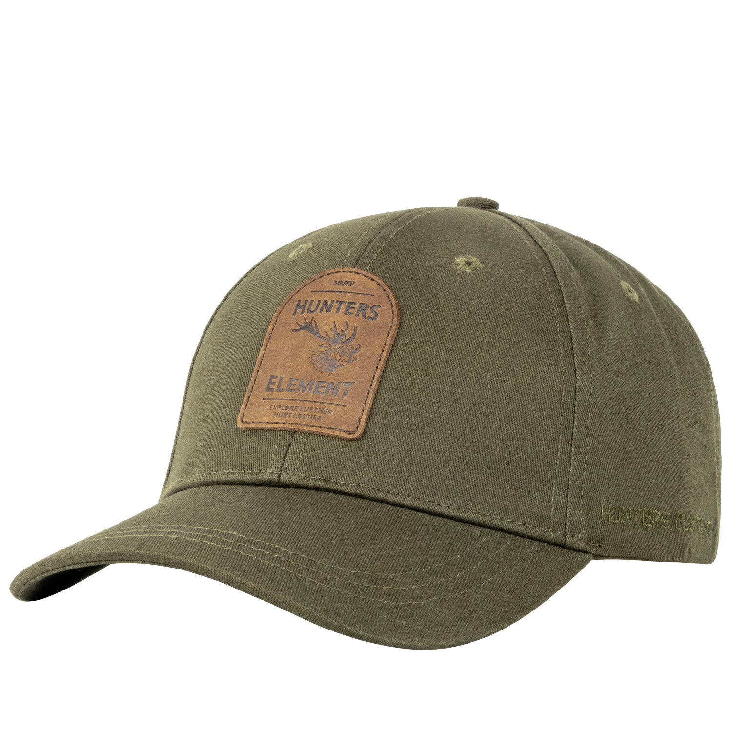 Green cap with a brown leather patch on a white background