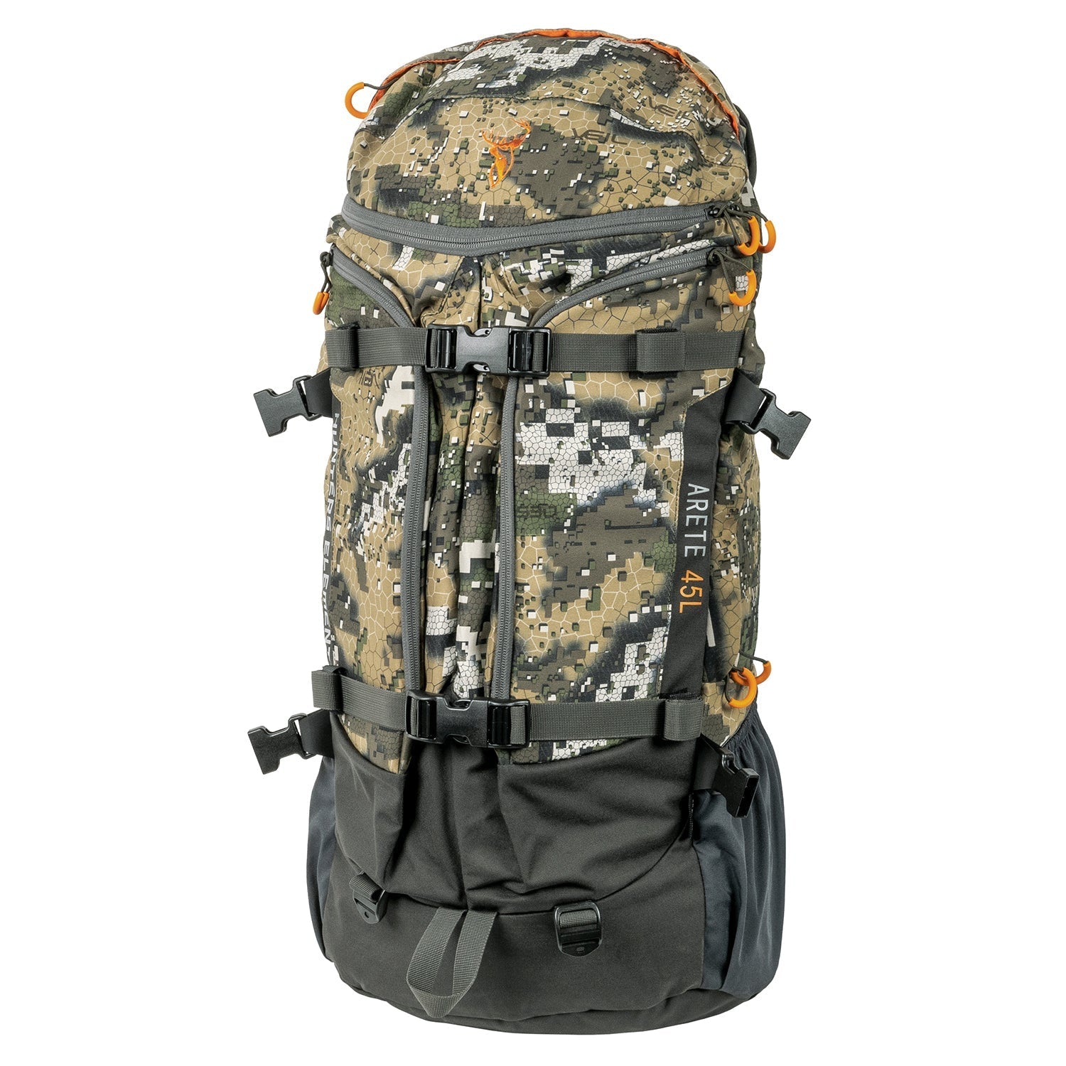 A gray and black hunting backpack with orange accents, featuring multiple compartments and shoulder straps.