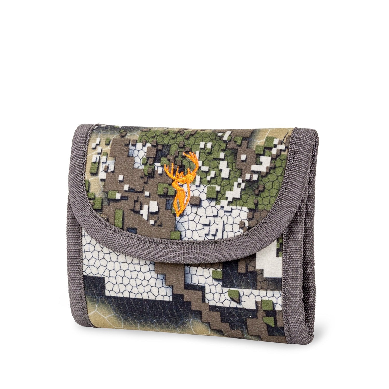A camouflage ballistic ammo wallet with orange and white deer logo, featuring elastic bullet loops and magnetic closure.