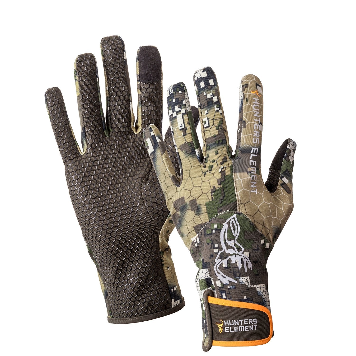 A pair of camouflage hunting gloves with silicone grip-print and lightweight design.