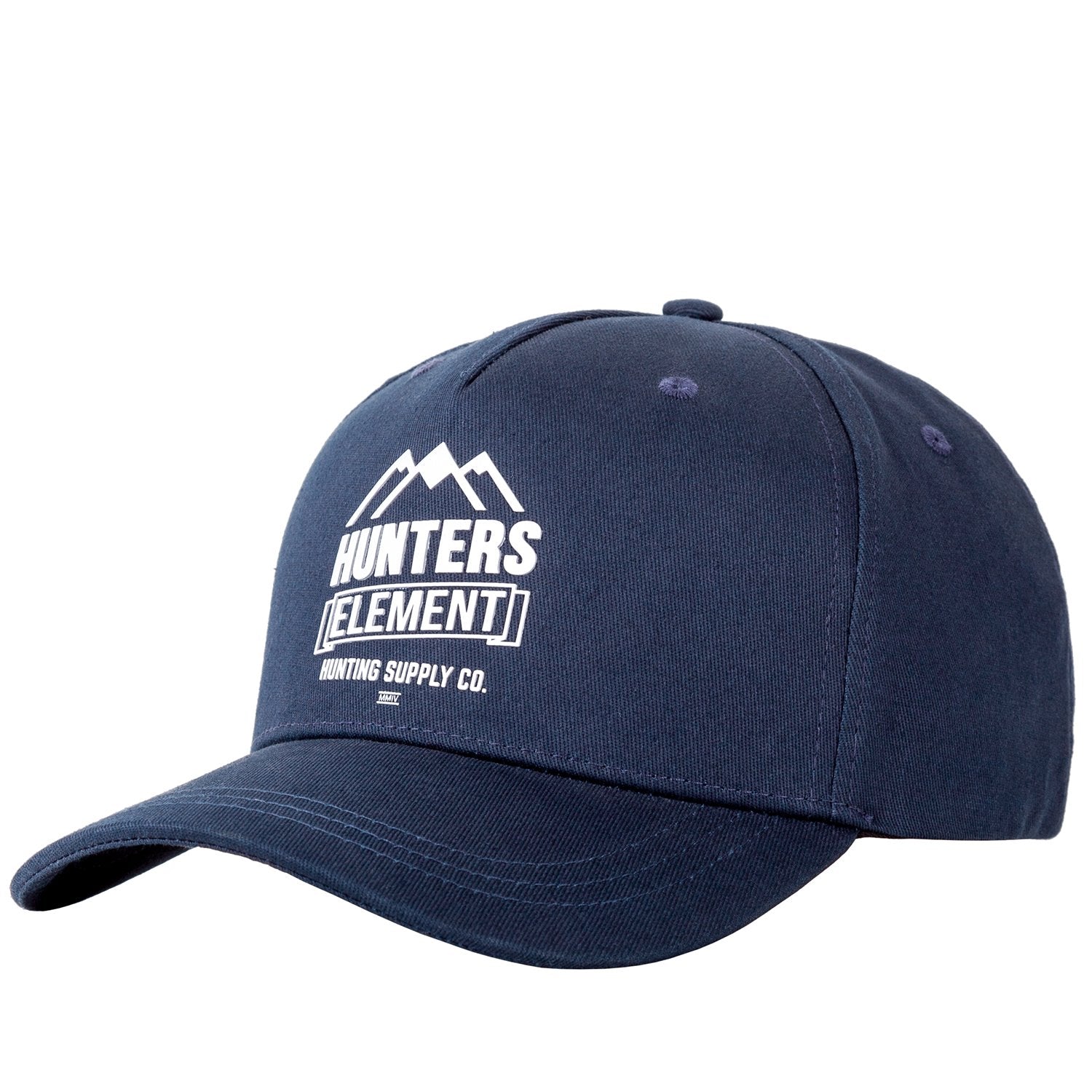 A camouflage snapback cap with a curved peak, featuring the 'Hunters Element' logo and an adjustable snap closure.