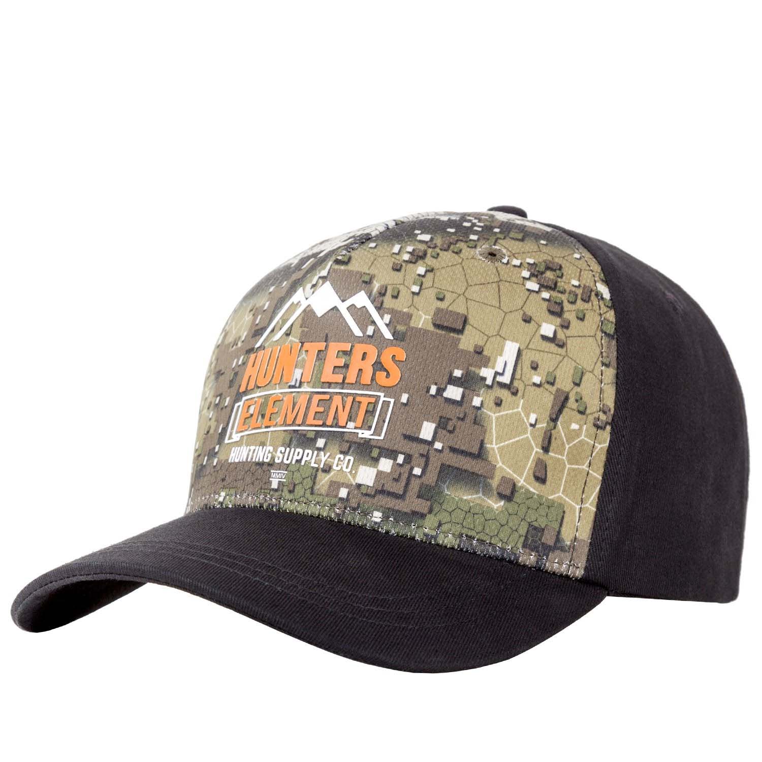A camouflage snapback cap with a curved peak, featuring the 'Hunters Element' logo and an adjustable snap closure.